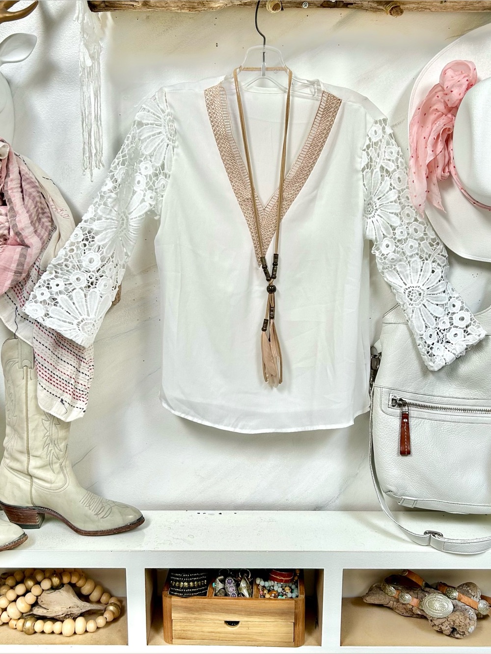 Sweet Lace Sleeve  deep V-Neck Top w Beige crochet Trim shabby chic resort vib